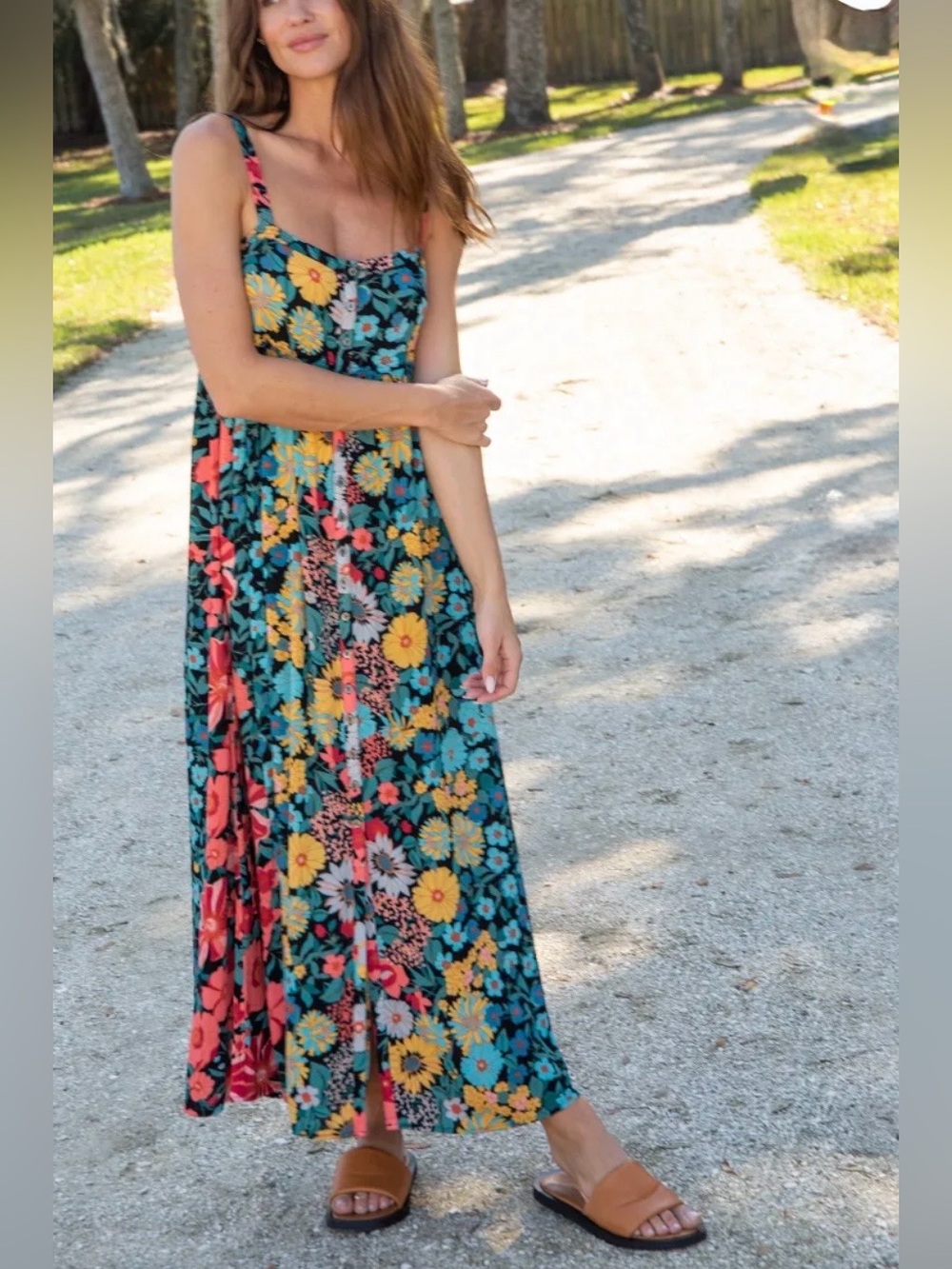 Natural Life Sidney Maxi Dress Black Coral Floral Size Small NWOT Boho Vibrant
